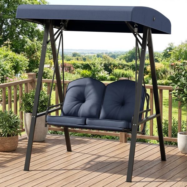 product-open-ea008987fc954f248da56ae0347601f9-goods Outdoor 2-Person Porch Swing, Cushioned Loveseat Swing with Stand, Adjustable Canopy and Heavy-Duty Metal Frame for Porch, Backyard, Garden