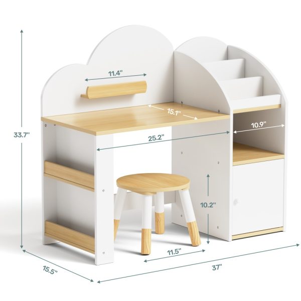 product-open-ea30e5e5058b40e799039b5d79b34176-goods Kids Desk And Chair Set with Storage And 1 Stool, Wooden Kids Desk W/ 2 Storage Cabinets And Bookshelves, Children Writing Drawing Table, Student Kid Study Table for Boys, Girls