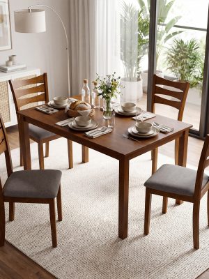 5pcs Compact Dining Table Set for 4 with Solid Rubber Wood Frame & Linen Upholstered Chairs - Space-Saving Rectangular Kitchen Table Suitable for Small Apartments, Breakfast Nook, Modern Farmhouse or Minimalist Furniture,