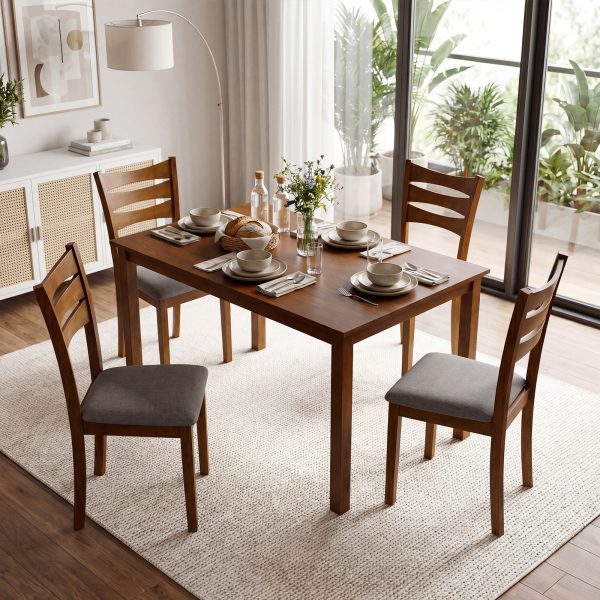 product-open-eab51922976e48a6ad8c9213e1f08847-goods 5pcs Compact Dining Table Set for 4 with Solid Rubber Wood Frame & Linen Upholstered Chairs - Space-Saving Rectangular Kitchen Table Suitable for Small Apartments, Breakfast Nook, Modern Farmhouse or Minimalist Furniture,