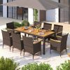 product-open-eae6f636b371428bbdd8d6394e0c3907-goods COSTWAY 9pcs Large Outdoor Dining Set with Acacia Wood Table & 8 Cushioned Chairs - Heavy-Duty PE Wicker Patio Furniture with 2" Umbrella Hole, Brown Wicker & Wood Finish, 400lb Capacity per Chair, 350lb Table - All-Weather Resistant for Deck, Garden, Backyard - Easy Assembly Required