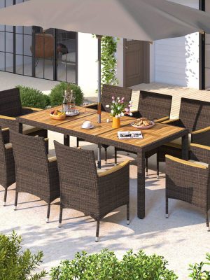 COSTWAY 9pcs Large Outdoor Dining Set with Acacia Wood Table & 8 Cushioned Chairs - Heavy-Duty PE Wicker Patio Furniture with 2" Umbrella Hole, Brown Wicker & Wood Finish, 400lb Capacity per Chair, 350lb Table - All-Weather Resistant for Deck, Garden, Backyard - Easy Assembly Required