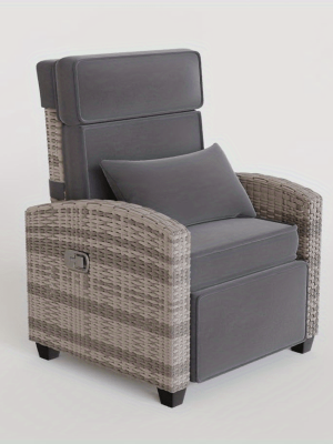 Outdoor Recliner Chair W/ Adjustable Backrest+Footrest, 150° Lay Flat Rattan Patio Recliner with Air Pump+Flip-Up Table+Removable Cushion