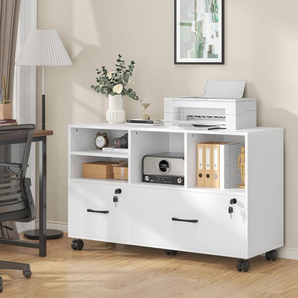 product-open-ebeabb3eefe14674992a1a090b674c93-goods 2 Drawer Wood Mobile Large Lateral File Cabinet with Lock, Lockable Rolling Filing Cabinet with Storage Shelves, Printer Stand Office Storage Cabinet for Home Office Fits Files Legal/A4, White