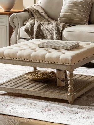 Rectangular Upholstered Coffee Table Ottoman Featuring Spindle Wooden Legs, Tufted Design, And a Solid Wood Storage Shelf for The Living Room