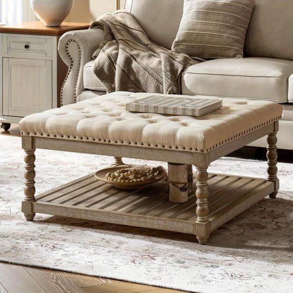 product-open-ec4850d7f5834ed3a2883d96d8576c1c-goods Rectangular Upholstered Coffee Table Ottoman Featuring Spindle Wooden Legs, Tufted Design, And a Solid Wood Storage Shelf for The Living Room