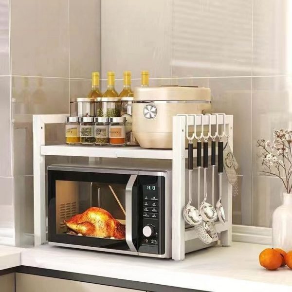 product-open-ec9706d0077e45598b7a05ce50e4484b-goods 1pc Triangle Shelf with Hooks, Expandable Metal Microwave Oven Rack - Vertical Countertop Storage Rack for Toaster Oven, Air Fryer, Rice Cooker And Other Appliances - Easy to Install, Sturdy Metal Construction, Space-Saving Design