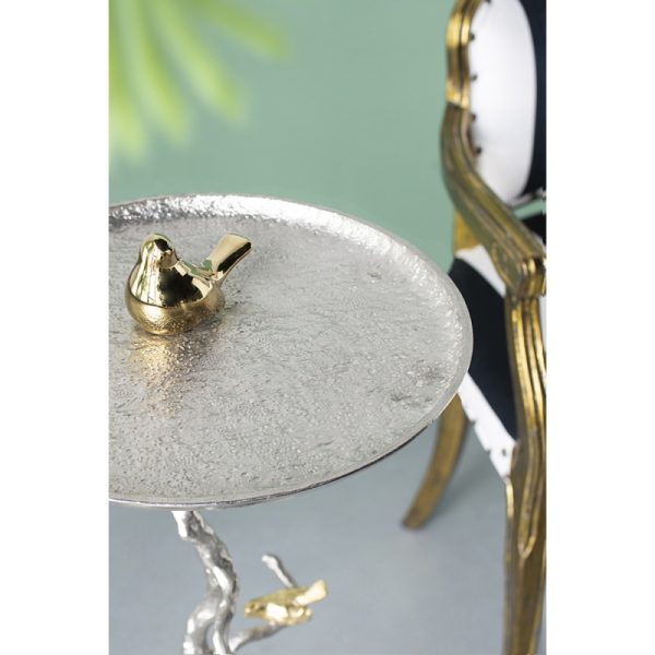 product-open-ed0a203e797d449faeba5850087068ba-goods 16.9x16.9x28' Round Aluminum Side Table with Sier Branch Design and Golden Bird Accents
