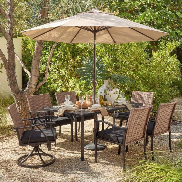 product-open-ed15855031fc4d91804891b87a346996-goods Andehomy 7pcs Patio Dining Set with 6 Chairs And 1 Table, Outdoor Dining Set with 2 Wicker Swivel Patio Dining Chairs with Cushions & Black, Rectangular Woodgrain Metal Dining Table with 1.75" Umbrella Hole, Black & Brown