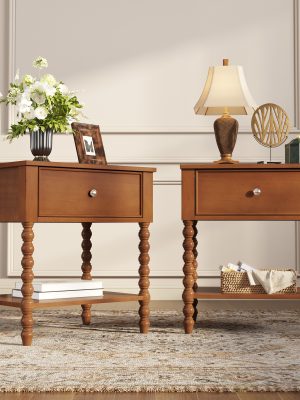PAPAJET Solid Wood Nightstand with Drawer Walnut Bedside Table Mid Century Bedroom Furniture Single or Set of 2 Options