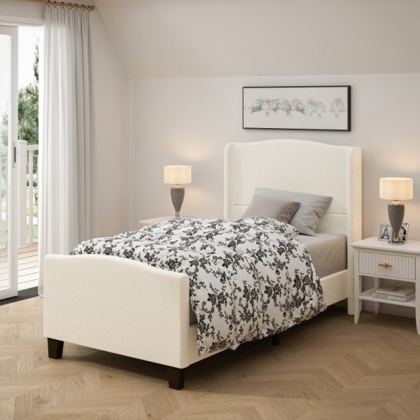 product-open-eddbaebc4017414a93397e2f6b28f1c8-goods Twin Size Bed Frame with 49. 21"High Back Upholstered Headboard and 27. 17" High Footboard, Teddy Velvet, 12 Slat Support, Solid Wood Feet, No Box Spring Needed White