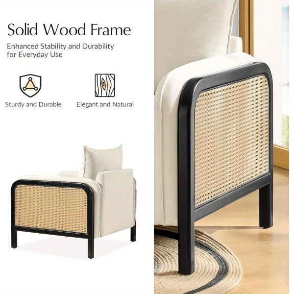 product-open-ede3b1cb1a14455796b56f3186e3f60e-goods Modern Woven Rattan Accent Chair with Wooden Armrests & Legs - Detachable Cushion, Upholstered Seat, Natural Brown Finish for Living Room, Bedroom, or Makeup Room - Easy Assembly, Durable Polyurethane & Hardwood Construction, Bedroom Seating, Elegant Seating Option, Sturdy Construction, Home Decor Lovers