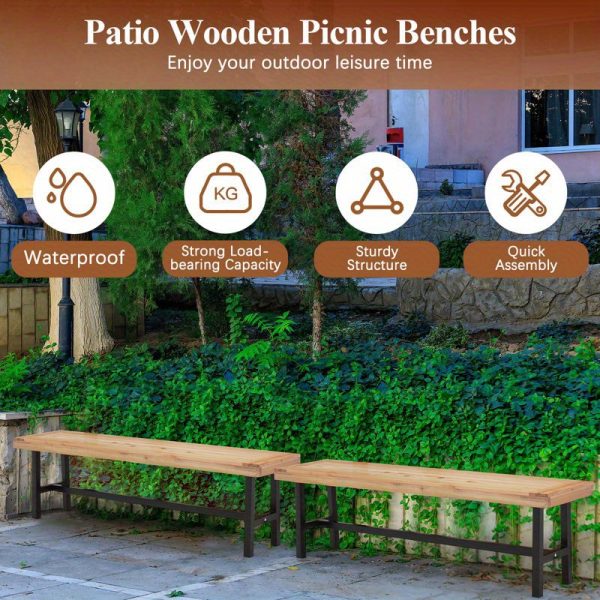 product-open-ee1949f385a0445c8f0d07094cb3dbdc-goods 63" Wooden Picnic Bench(Set of 2), Outdoor Benches with Powder-Coated Metal Frame, Garden Benches for Patio, Garden, Porch & Deck, Wood Color