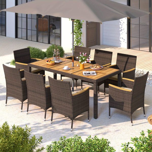 product-open-ee4ecd6e7d124c0eb103a3b591bb9bfc-goods COSTWAY 9pcs Large Outdoor Dining Set with Acacia Wood Table & 8 Cushioned Chairs - Heavy-Duty PE Wicker Patio Furniture with 2" Umbrella Hole, Brown Wicker & Wood Finish, 400lb Capacity per Chair, 350lb Table - All-Weather Resistant for Deck, Garden, Backyard - Easy Assembly Required