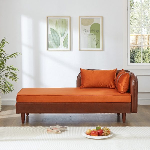 product-open-eea9d34b6e4440aa85e71e7a7301345b-goods 65-Inch Storage Chaise Lounge Sofa in Brown PU And Orange Velvet
