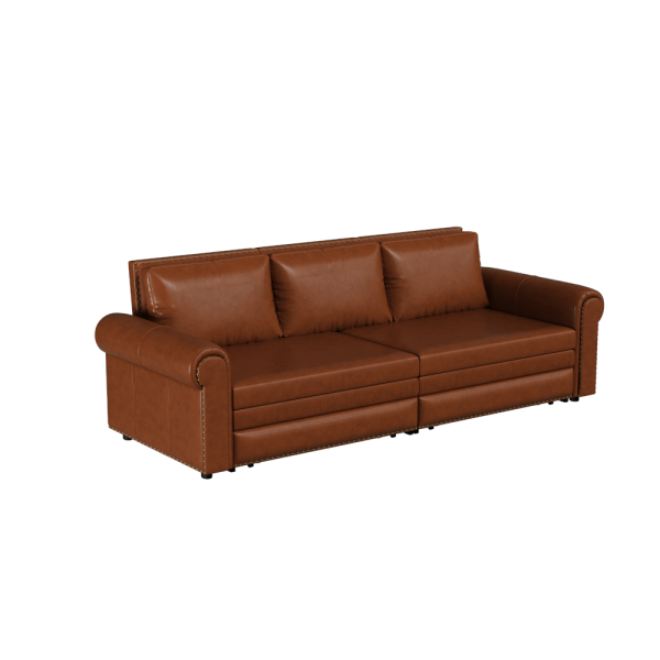 product-open-eeb52b92ee9f410698283992e94a5326-goods 93.7' Bohemian Chesterfield Sofa Bed: 3-in-1 Convertible Sleeper with Faux Leather Upholstery, Nailhead Trim & Rolled Arms, Light Brown Pull-Out Couch Suitable for Small Spaces, Apartments, Dorms, Guest Rooms - Assembly Required