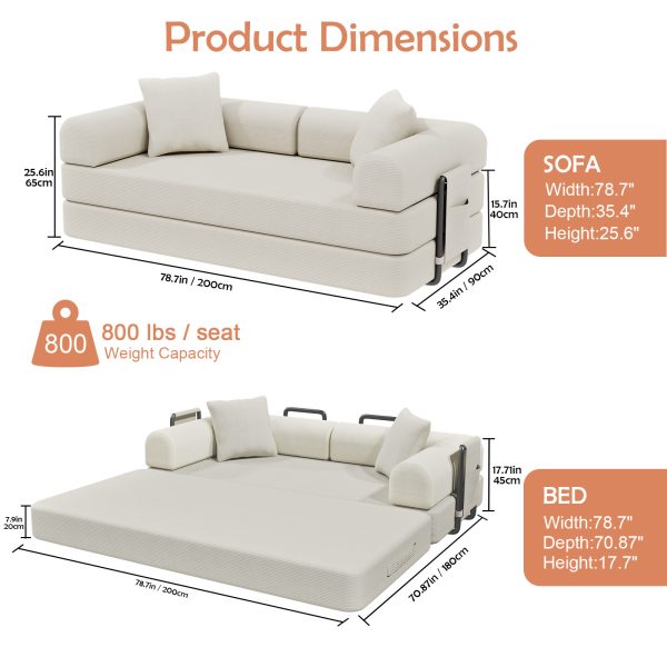 78-inch Modern Corduroy Sofa Bed with High-Density Foam - Convertible Sleeper Suitable for Guest Room, Home Office, Dorm, Space-Saving Folding Bed, Assembly, Corduroy Upholstery for Small Apartments & Multifunctional Furniture