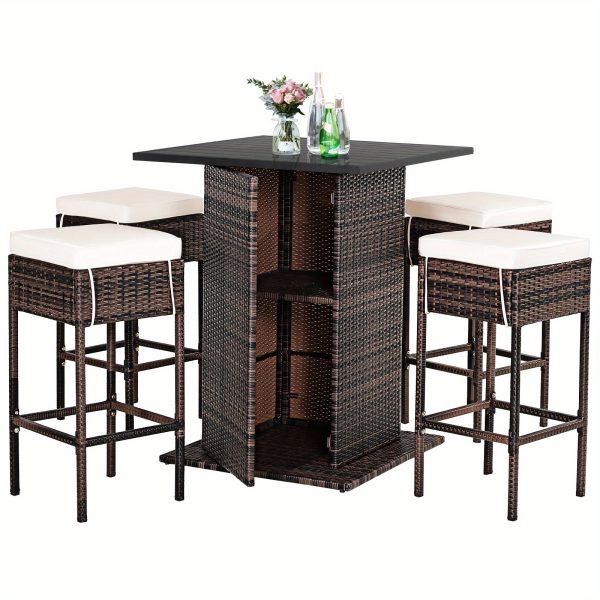 product-open-efa0e77eb80048c5bef8b3b47d71c4bd-goods LIFEZEAL 5pcs Outdoor Patio Rattan Bar Table and 4 Stools with Hidden Storage Shelf, Cushion Chairs - -Weather PE Rattan & Frame, Red/Black/Navy/Beige Wicker Furniture for Poolside,, Backyard (Complete Set)