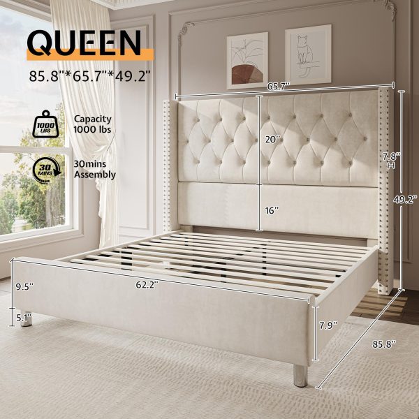 product-open-efabb143420840a9af5d041a2e7c530d-goods LUXOAK Modern Luxury 50" Wingback Bed Frame with Plush Beige/White Velvet Upholstery - Queen/King Size Platform Bed, Button Tufted Headboard & Nailhead Trim, Sturdy Frame, No Box Spring Needed, Easy Assembly (30-Min Setup)