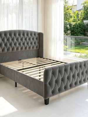 Modern Queen Platform Bed Frame with Wingback Headboard - Cream Beige Suede Upholstery, Deep Button Tufted, Sturdy Slats & Noise-Free Base, No Box Spring Required, Easy Assembly Suitable for Luxury Bedroom Furniture