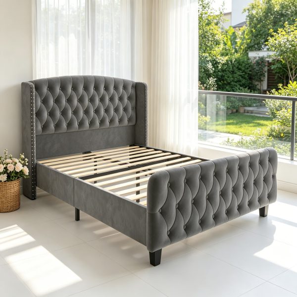 product-open-f026ed97b077424b867e28b3497ebaea-goods Modern Queen Platform Bed Frame with Wingback Headboard - Cream Beige Suede Upholstery, Deep Button Tufted, Sturdy Slats & Noise-Free Base, No Box Spring Required, Easy Assembly Suitable for Luxury Bedroom Furniture
