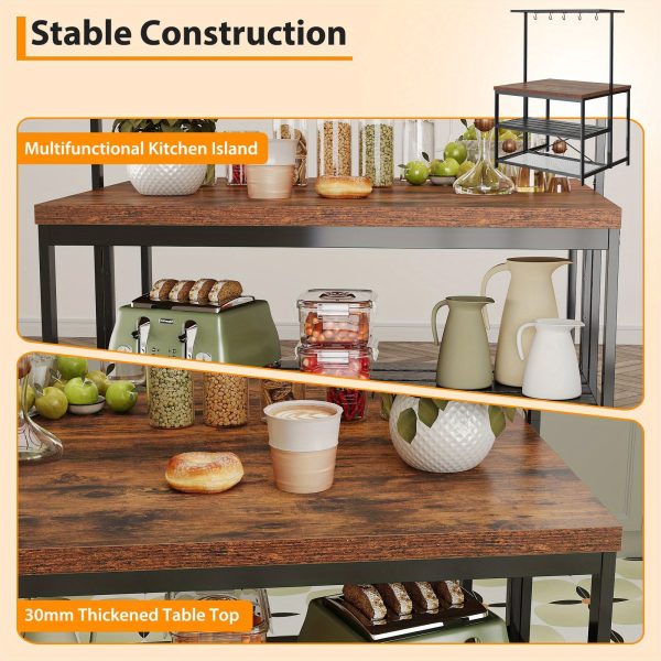 42" Kitchen Island with Storage - 3-Tier Bakers Rack, Microwave Stand, Dining Table for 4, 5 Hooks & 50lb Capacity, Multi-Functional Island for Small Kitchens (Brown)