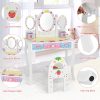 product-open-f06a806c79864bb598e7bbe6d411bf50-goods COSTWAY Kids Vanity Table & Chair Set, Princess Makeup Dressing Table w/ 360° Rotating Tri-fold Mirror & Cute Strawberry Prints, 2 in 1 Vanity Set Writing Desk w/ 3 Drawers & 2 Storage Grids