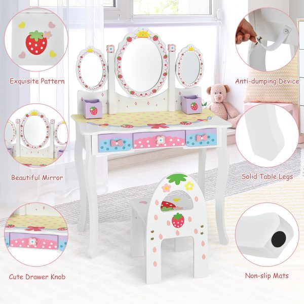 product-open-f06a806c79864bb598e7bbe6d411bf50-goods COSTWAY Kids Vanity Table & Chair Set, Princess Makeup Dressing Table w/ 360° Rotating Tri-fold Mirror & Cute Strawberry Prints, 2 in 1 Vanity Set Writing Desk w/ 3 Drawers & 2 Storage Grids