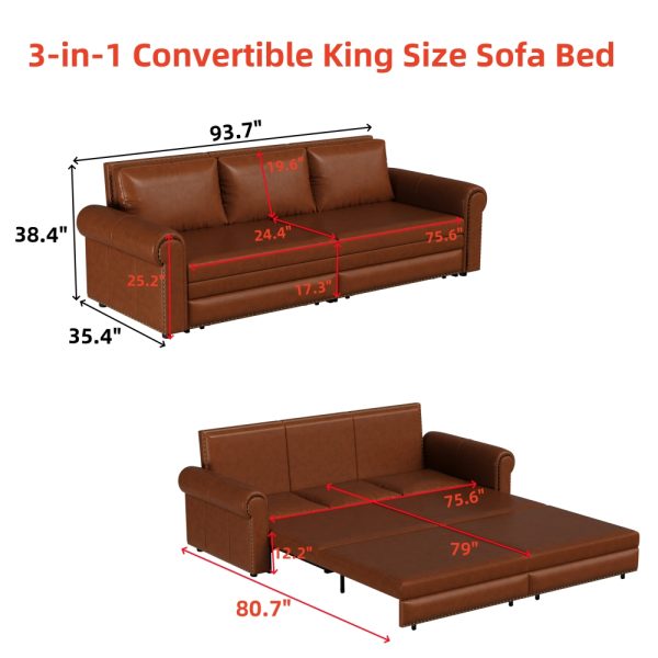 product-open-f0a1cb6dc7804f4a87b81b98442bef56-goods 93.7' Bohemian Chesterfield Sofa Bed: 3-in-1 Convertible Sleeper with Faux Leather Upholstery, Nailhead Trim & Rolled Arms, Light Brown Pull-Out Couch Suitable for Small Spaces, Apartments, Dorms, Guest Rooms - Assembly Required