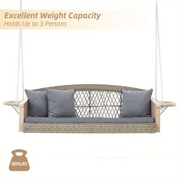 product-open-f10d6cb1c2fb4416a53d4ee6852df98e-goods Gray 3-Person Wicker Porch Swing Featuring a 1.5-Foot Cup Holder, a 55-Inch Patio Hanging Swing Bench Complete with Cushions, And a Weight Capacity of 800 Pounds