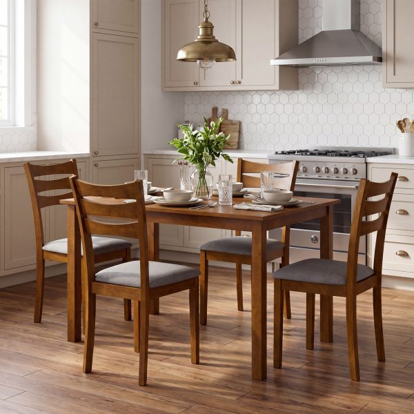 product-open-f137c459c0a34916a6005ce724f9ef2d-goods 5pcs Compact Dining Table Set for 4 with Solid Rubber Wood Frame & Linen Upholstered Chairs - Space-Saving Rectangular Kitchen Table Suitable for Small Apartments, Breakfast Nook, Modern Farmhouse or Minimalist Furniture,
