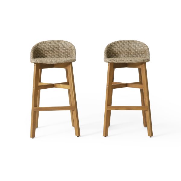 2pcs Set of Solid Wood Frame Rattan Backrest Bar Chairs, Elegant and Sturdy Tropical Style Party Counter Chairs, High Stool Dining Chairs, Suitable for Patio and Backyard Bars