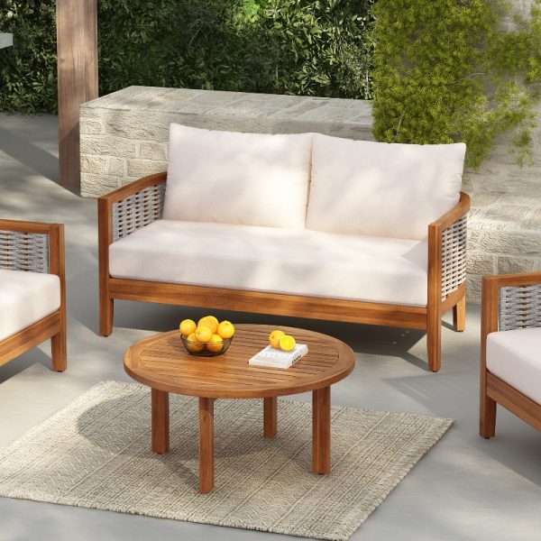 2pcs Acacia Patio Furniture Set, Outdoor Unique Tub Design Loveseat with Woven Rope Table, Deep Seating with Soft Cushions for Porch, Garden, Backyard, Balcony, Teak End And Beige Cushion