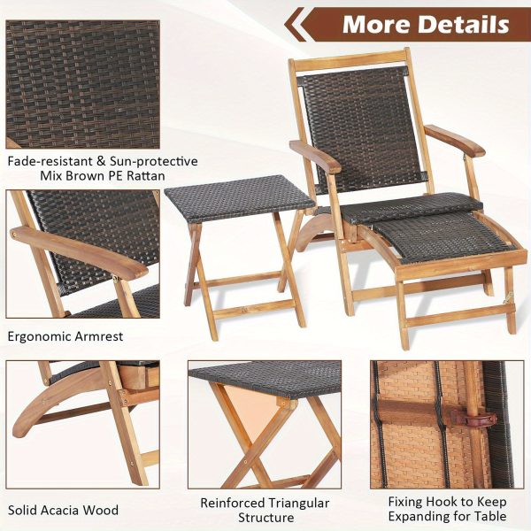 MULTIGOT 2pcs Patio Rattan Folding Lounge Chair Table Acacia Wood W/Retractable Footrest