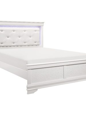Classic Style Queen Bed with White End, Featuring Button-Tufted Upholstered Headboard And Faux Alligator Patterned Panels