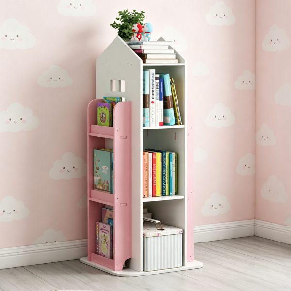product-open-f2320b09997e4445b8234dd64f4561a0-goods 4-Tier Rotating Bookshelf, 360° Display Book Shelf, Floor Standing Bookcase, Children's Bookshelves for Bedroom, Living Room, Study Room ( WHITE Color)