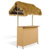 product-open-f249cf44416d4d4688bdbe8181bed41e-goods Outdoor Bar Set with Grass Canopy, 2-Seat Patio Bar Table And Stools, Bar Height Outdoor Dining Set, Adjustable Feet Design, Built-In Storage Space, Tiki Bar Furniture for Backyard Poolside Garden Deck Porch Balcony