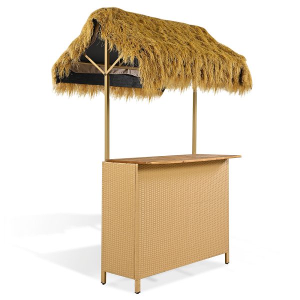 product-open-f249cf44416d4d4688bdbe8181bed41e-goods Outdoor Bar Set with Grass Canopy, 2-Seat Patio Bar Table And Stools, Bar Height Outdoor Dining Set, Adjustable Feet Design, Built-In Storage Space, Tiki Bar Furniture for Backyard Poolside Garden Deck Porch Balcony