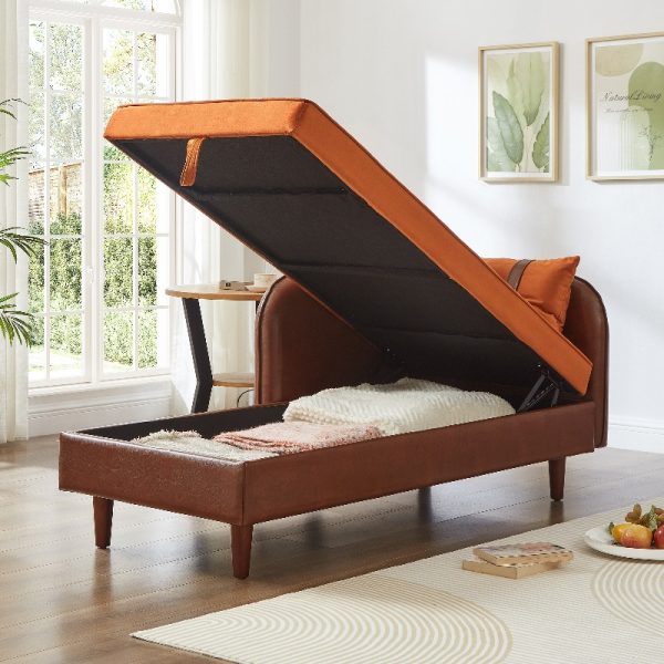 product-open-f46c5d4a67a145b396a2a8b742639e36-goods 65-Inch Storage Chaise Lounge Sofa in Brown PU And Orange Velvet