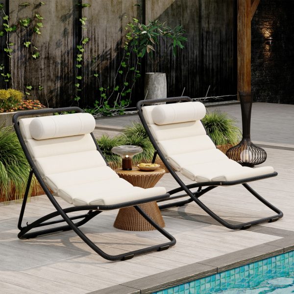 [Outdoor Folding Chair] TREXM 2pcs Outdoor Folding Chair, Rattan-Wrapped Patio Chair with Adjustable Backrest, Thick Cushion, and Detachable Headrest, for the Poolside, Beach, Backyard, Decck, and Camping