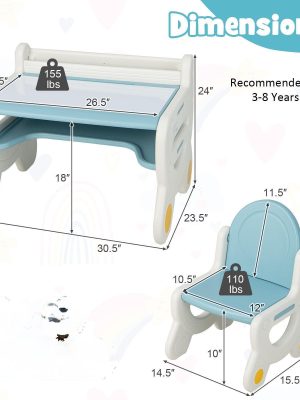 COSTWAY Kids Table and Chair Set with Graffiti Desktop, Bookshelf & Storage Shelf, Watercolor Pens & Eraser - Anti-Slip Foot Pads, Durable Plastic Activity Table and Chair Set for Ages 3-8 Years, Easy Assembly, Space-Saving Design with Lower Storage