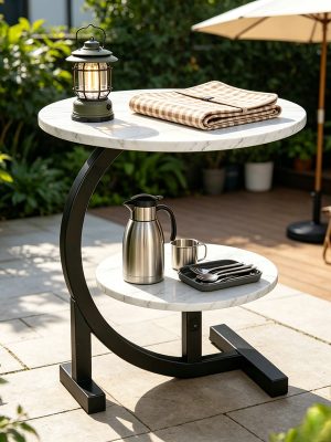 [Outdoor Patio Table] 2-Tier Outdoor Patio Side Table, C-Shaped Weather Resistant Faux Marble End Table with Sturdy Metal Frame, Perfect for Garden, Backyard, Balcony, Poolside, Small Spaces, Indoor & Outdoor Use