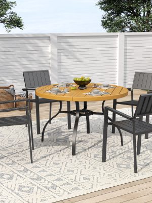 5pcs Outdoor Patio Dining Set, 47' Round Wood-Grain Slat Table W/ Umbrella Hole And 4 Stacking Metal Chairs 350 Lbs Capacity, Rustproof, Breathable Design, 30-Min Assembly, Patio, Garden, Balcony