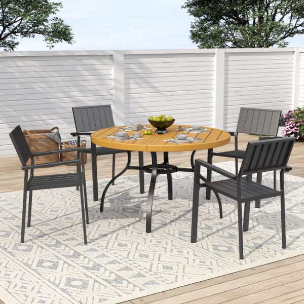 product-open-f590b1078d48478096d80224c98288f6-goods 5pcs Outdoor Patio Dining Set, 47' Round Wood-Grain Slat Table W/ Umbrella Hole And 4 Stacking Metal Chairs 350 Lbs Capacity, Rustproof, Breathable Design, 30-Min Assembly, Patio, Garden, Balcony