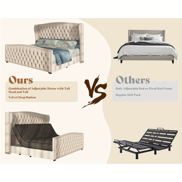 product-open-f59a5a070652401b9eccaafbad36fd0d-goods LUXOAK 51" H Adjustable Bed Frame with Velvet Upholstery and Deep Button Tufted Headboard, Dual Motor Wingback Bed with Nailhead Trim, No Box Spring Required