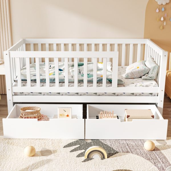 Convertible Bed with Storage Drawers, 3-In-1 Solid Wood Kids Daybed with Removable Guardrails, Compatible with Standard US Mattresses, White