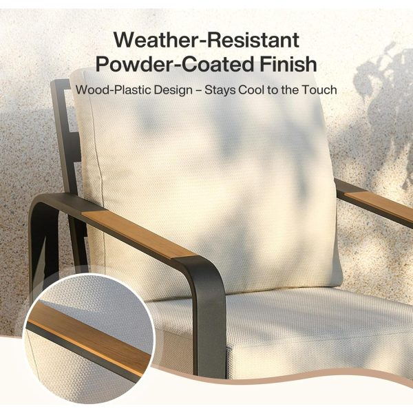 Outdoor Patio Lounge Chair with Beige Cushions, Black Aluminum Frame, Wood Armrests, Modern Style, Ideal Fathers Day Gift