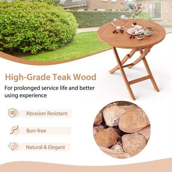 product-open-f72693d10a084deb916e6754c752e1ef-goods COSTWAY 31.5" Solid Indonesia Teak Wood Round Folding Patio Table - Portable Outdoor Dining Table with X-Frame Stability, 220lb Capacity, Natural Finish for Backyard, Poolside & Balcony, Classic Design