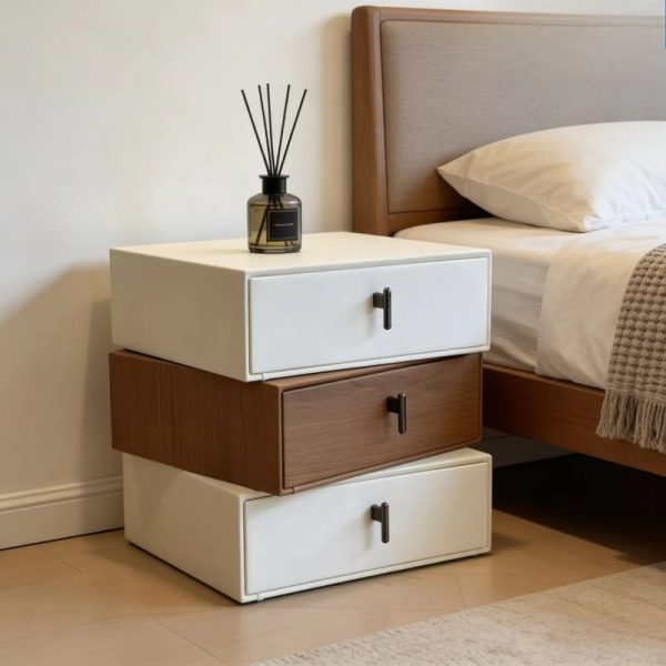 product-open-f775ab42797843b2885b29f2fc9a6def-goods This Modern Three-Layer Wooden Bedside Table Features a Minimalist Design in White And Walnut Wood. It Offers Ample Storage Space for The Bedroom, Is Structurally Stable, Easy to Assemble, And Has a Scratch-Resistant Easy Decorative End