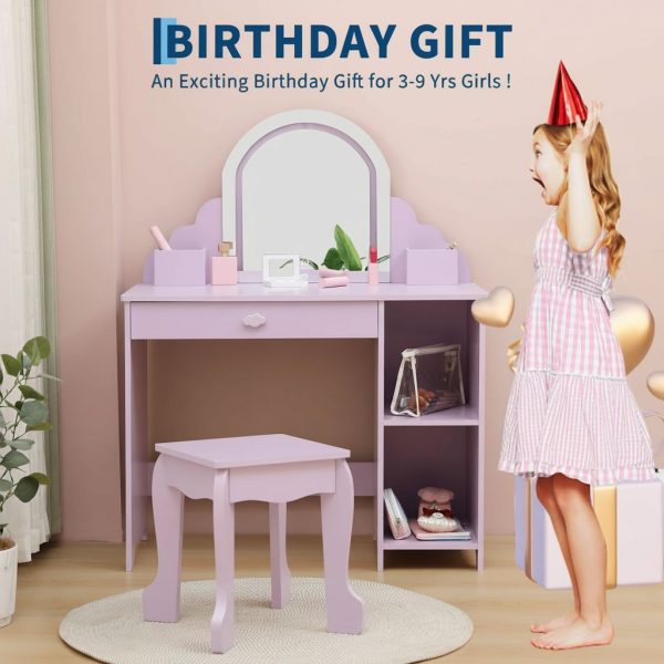 product-open-f822ad033f0e4cfc8e3503a7c65e3f52-goods Girls' Kids Vanity Desk with Mirror & Stool - Princess Makeup Table with Drawer, Shelves & Cubbies, Toddler Dressing Table Suitable for Little Girls, Assembly, Non-Wood